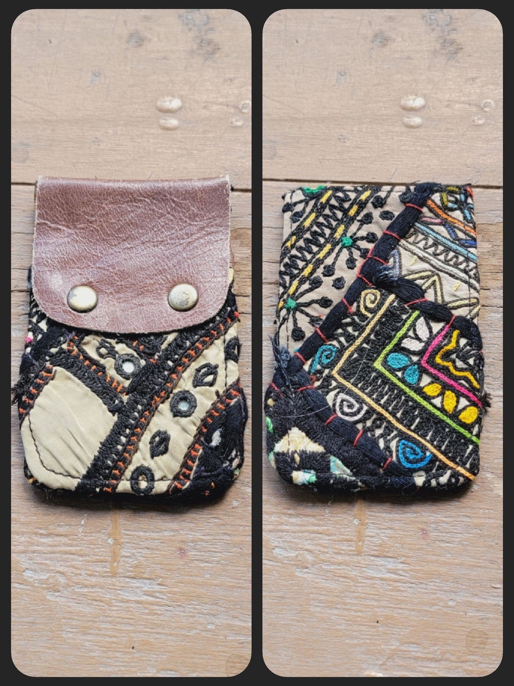 Free People embroidered banjara boho repurposed vtg leather wallet card case